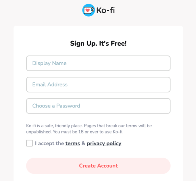 Ko-fi account creation page